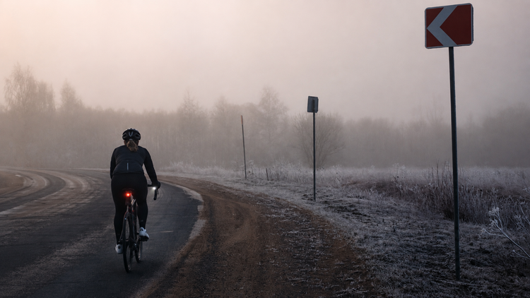 Woman cyclist riding on a foggy cold-weather road with a visible rear light