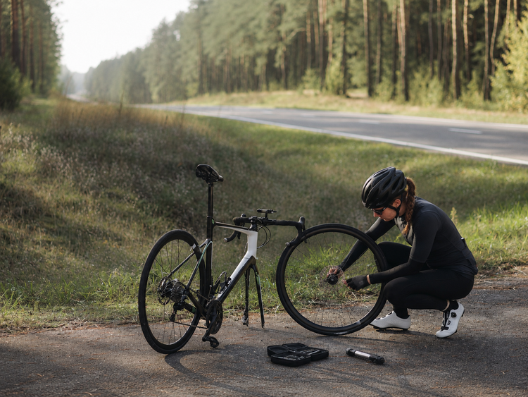 Woman cyclist repairing a road-bike wheel beside a forest road
